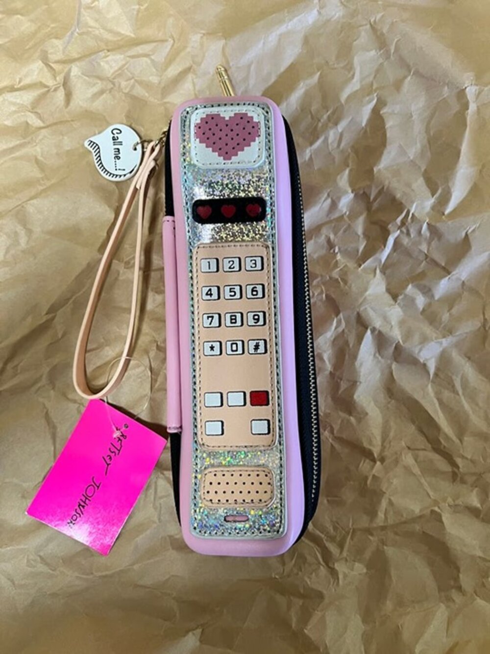 Betsey Johnson Call Me Iconic Pink Glitter Phone Wristlet Clutch